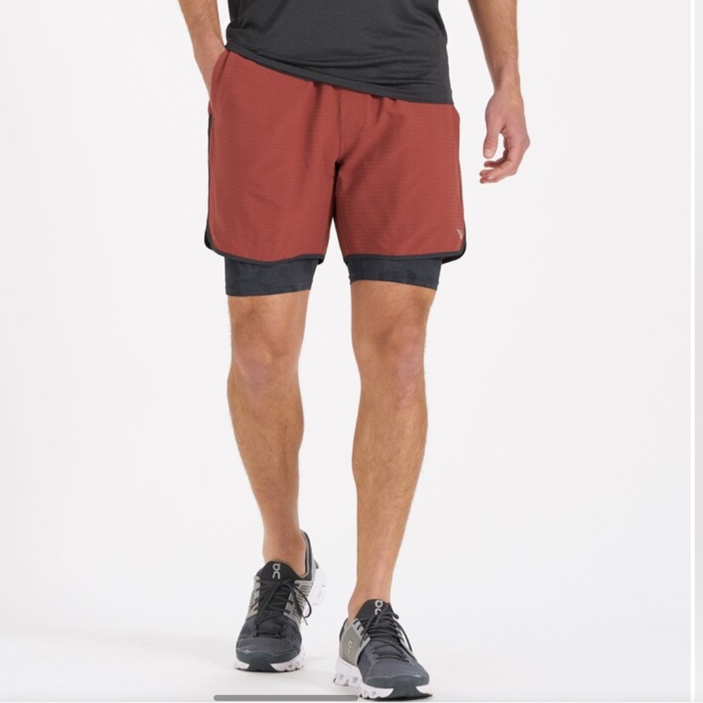 Vuori Two-in-One Rust Red and Black Athletic Shorts
